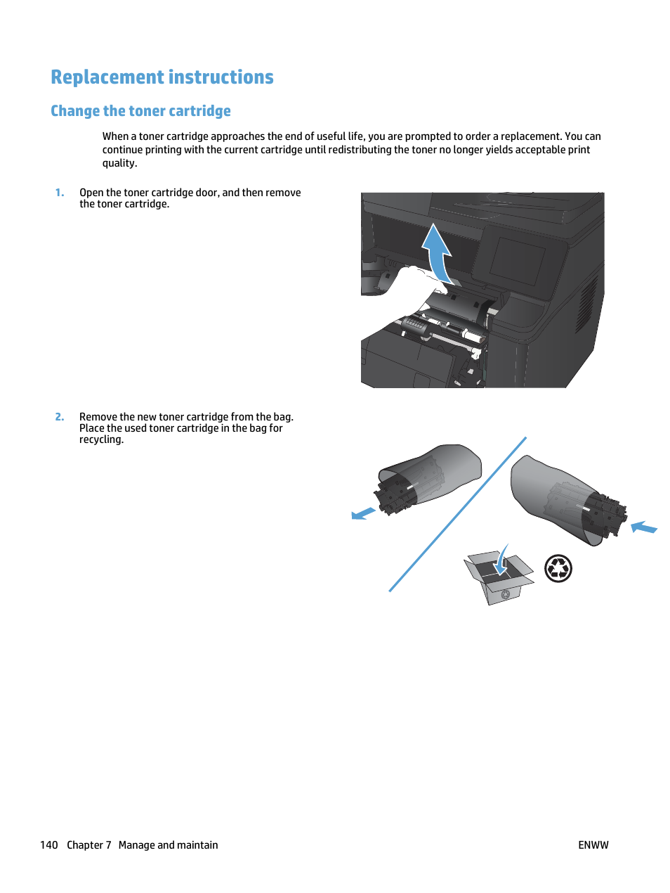 Replacement instructions, Change the toner cartridge | HP LaserJet Pro 400 MFP M425 User Manual | Page 156 / 228