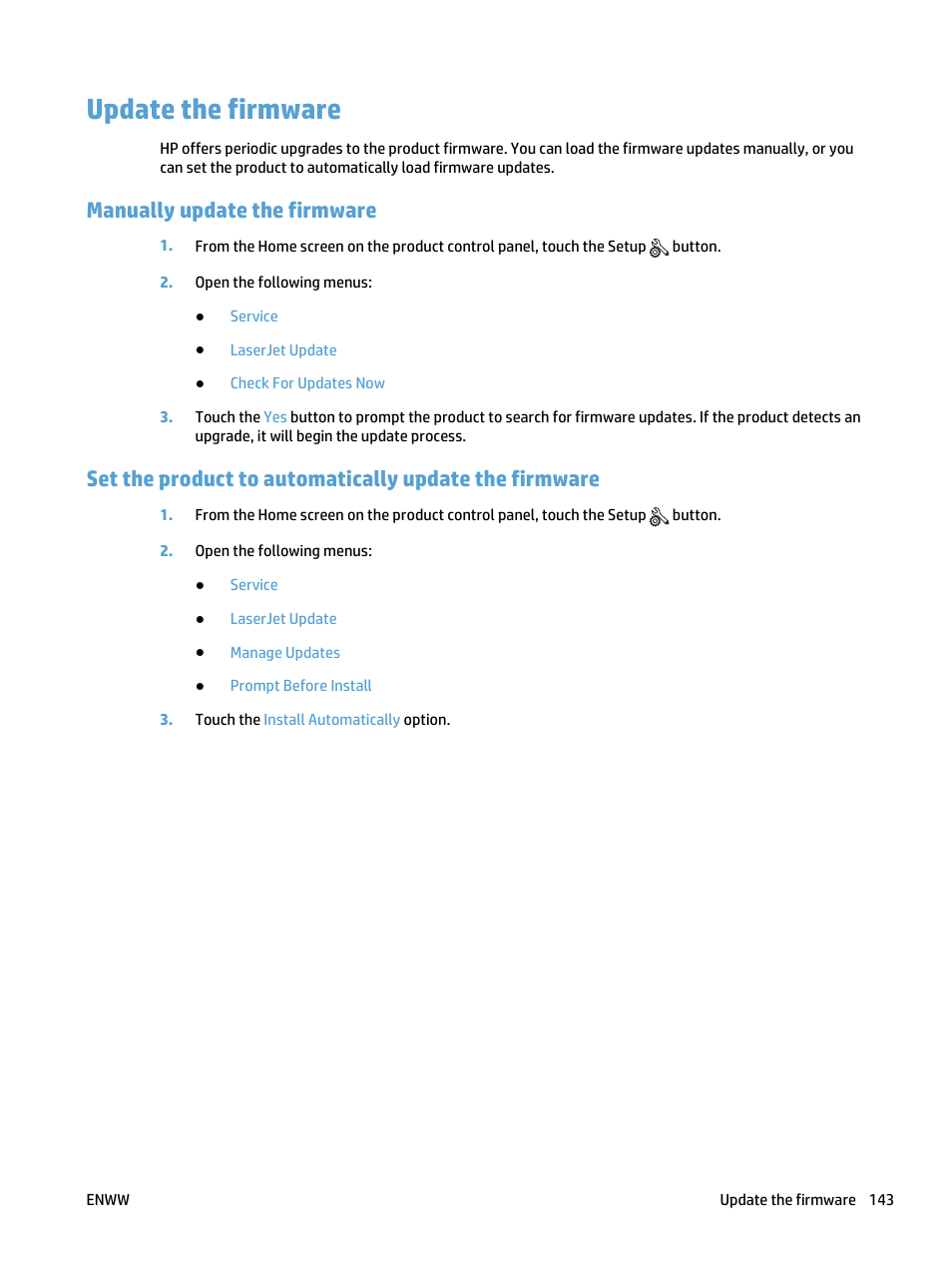 Update the firmware, Manually update the firmware | HP LaserJet Pro 400 MFP M425 User Manual | Page 159 / 228