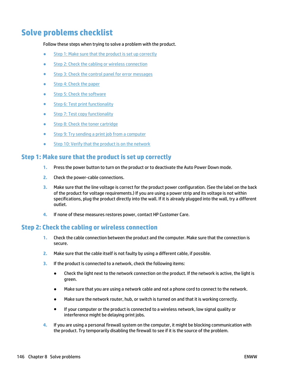 Solve problems checklist, Step 2: check the cabling or wireless connection | HP LaserJet Pro 400 MFP M425 User Manual | Page 162 / 228