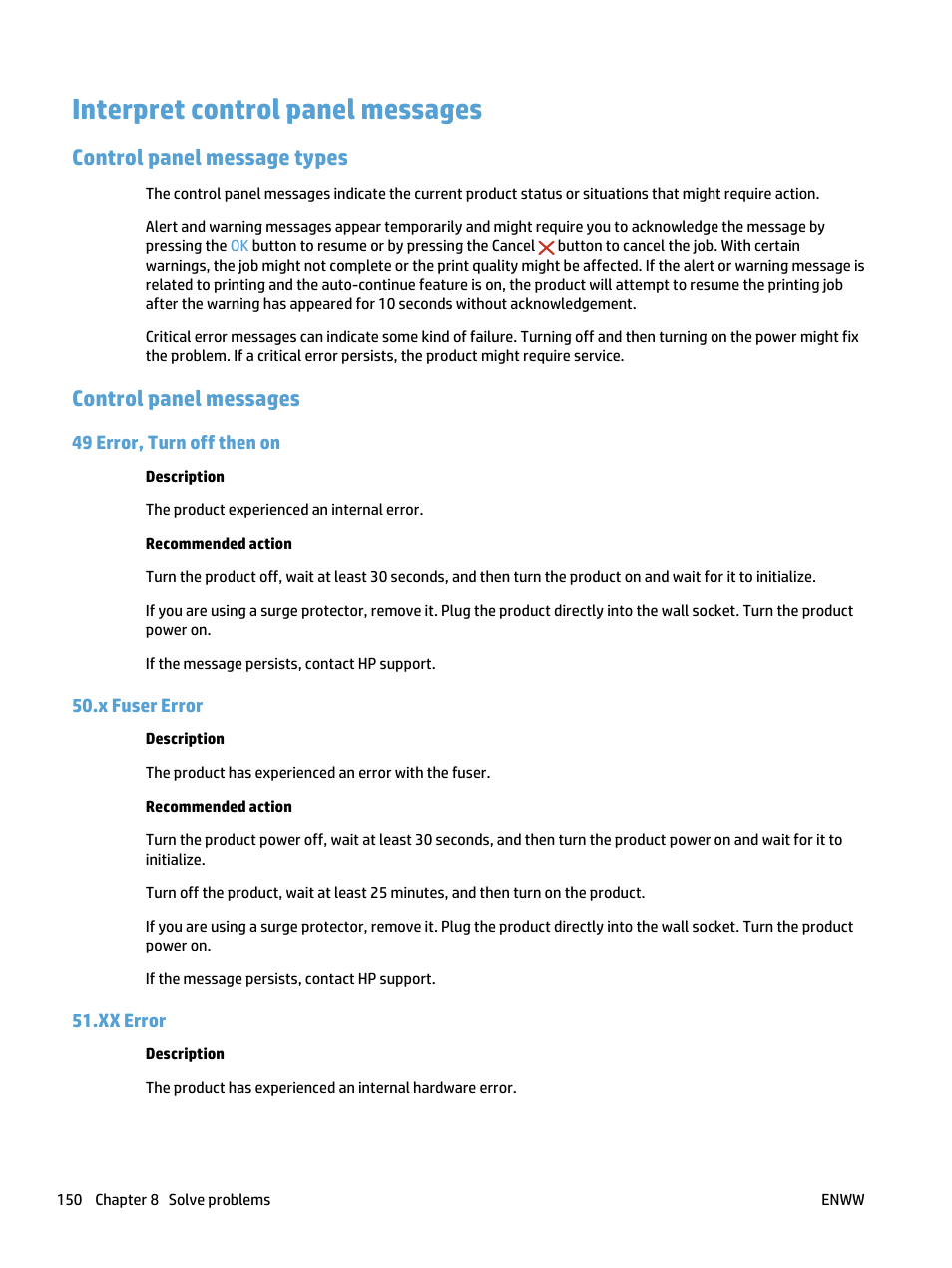 Interpret control panel messages, Control panel message types, Control panel messages | 49 error, turn off then on, X fuser error, Xx error, Control panel message types control panel messages | HP LaserJet Pro 400 MFP M425 User Manual | Page 166 / 228