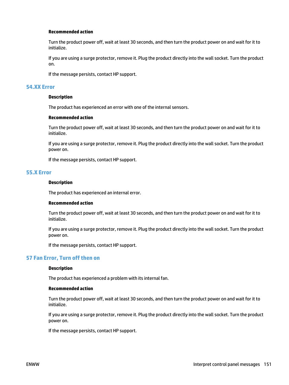 Xx error, X error, 57 fan error, turn off then on | Xx error 55.x error 57 fan error, turn off then on | HP LaserJet Pro 400 MFP M425 User Manual | Page 167 / 228