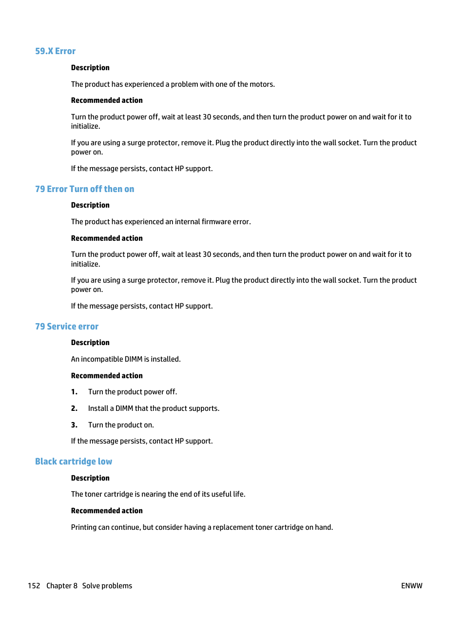 X error, 79 error turn off then on, 79 service error | Black cartridge low, X error 79 error turn off then on 79 service error | HP LaserJet Pro 400 MFP M425 User Manual | Page 168 / 228