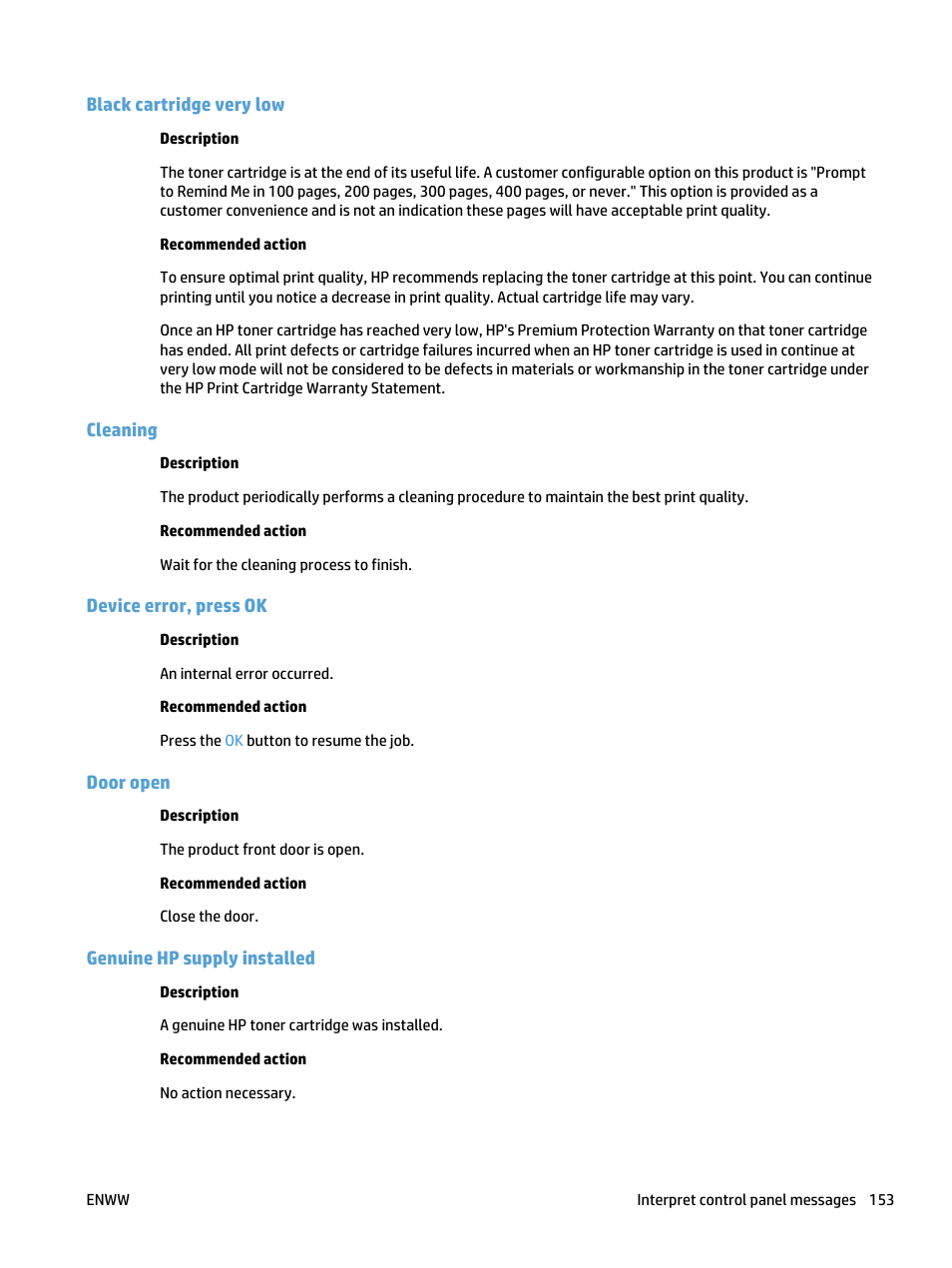 Black cartridge very low, Cleaning, Device error, press ok | Door open, Genuine hp supply installed | HP LaserJet Pro 400 MFP M425 User Manual | Page 169 / 228