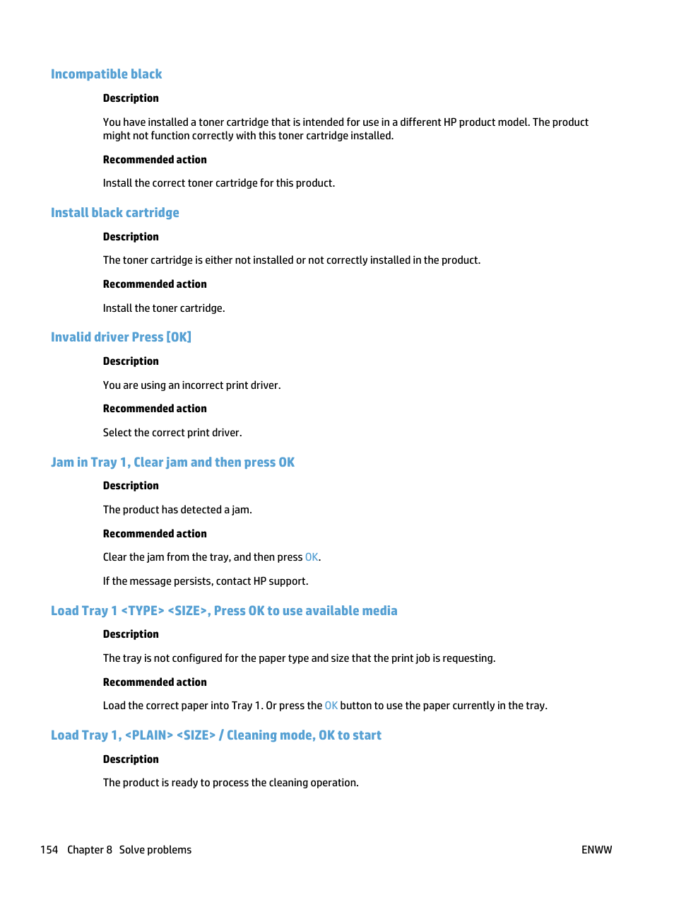 Incompatible black, Install black cartridge, Invalid driver press [ok | Jam in tray 1, clear jam and then press ok | HP LaserJet Pro 400 MFP M425 User Manual | Page 170 / 228