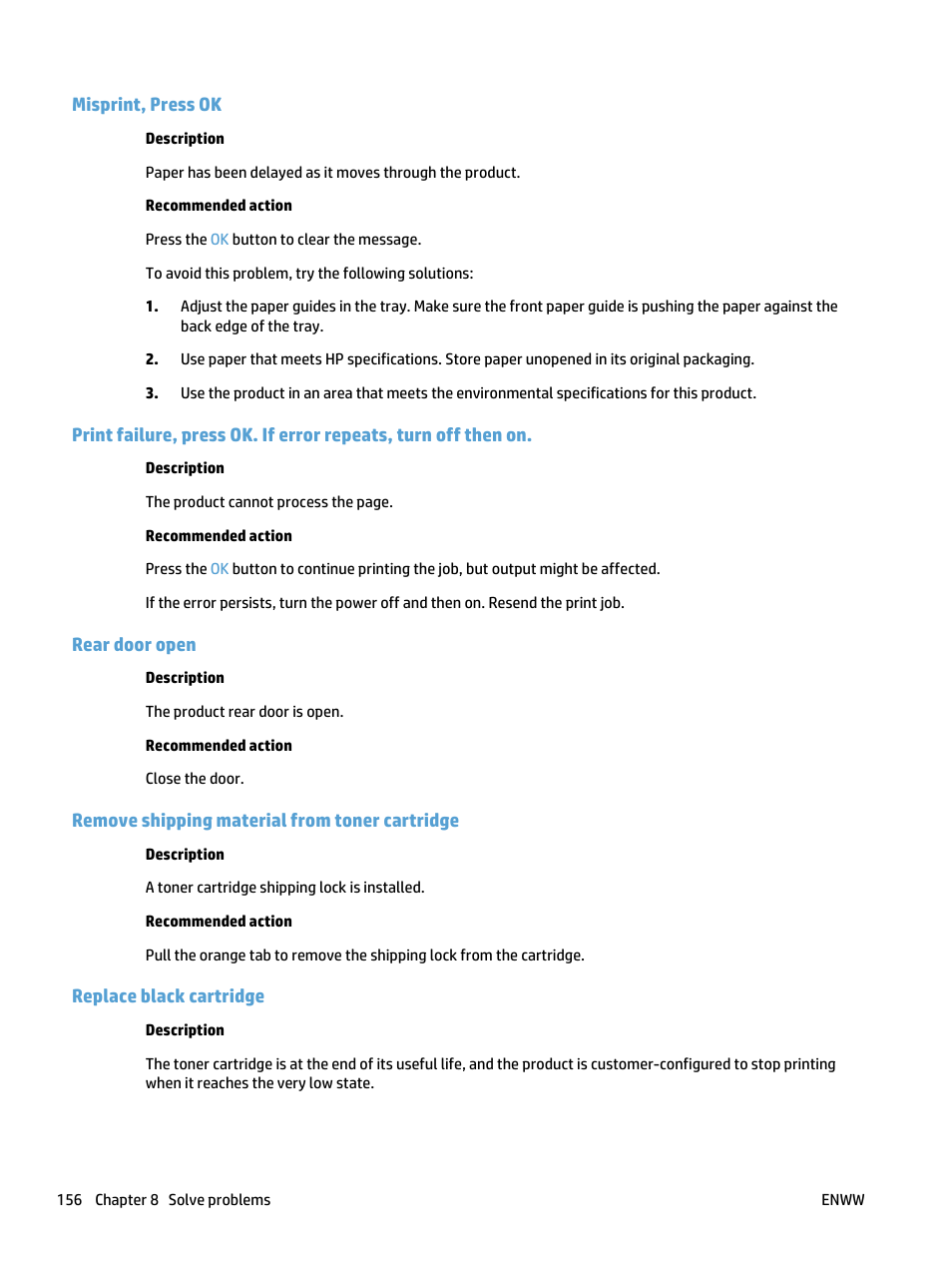 Misprint, press ok, Rear door open, Remove shipping material from toner cartridge | Replace black cartridge | HP LaserJet Pro 400 MFP M425 User Manual | Page 172 / 228