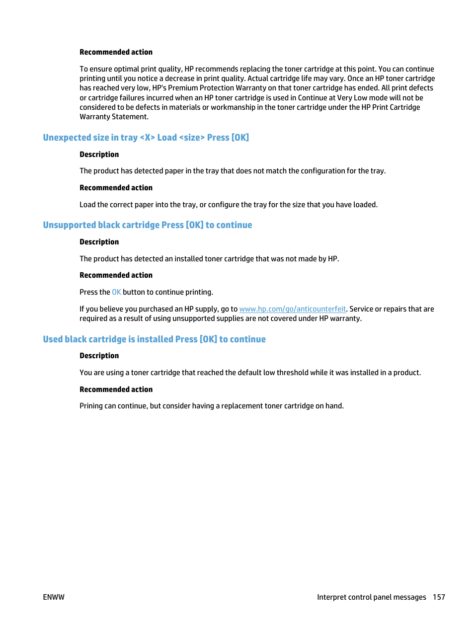 Unexpected size in tray <x> load <size> press [ok, Unsupported black cartridge press [ok] to continue | HP LaserJet Pro 400 MFP M425 User Manual | Page 173 / 228