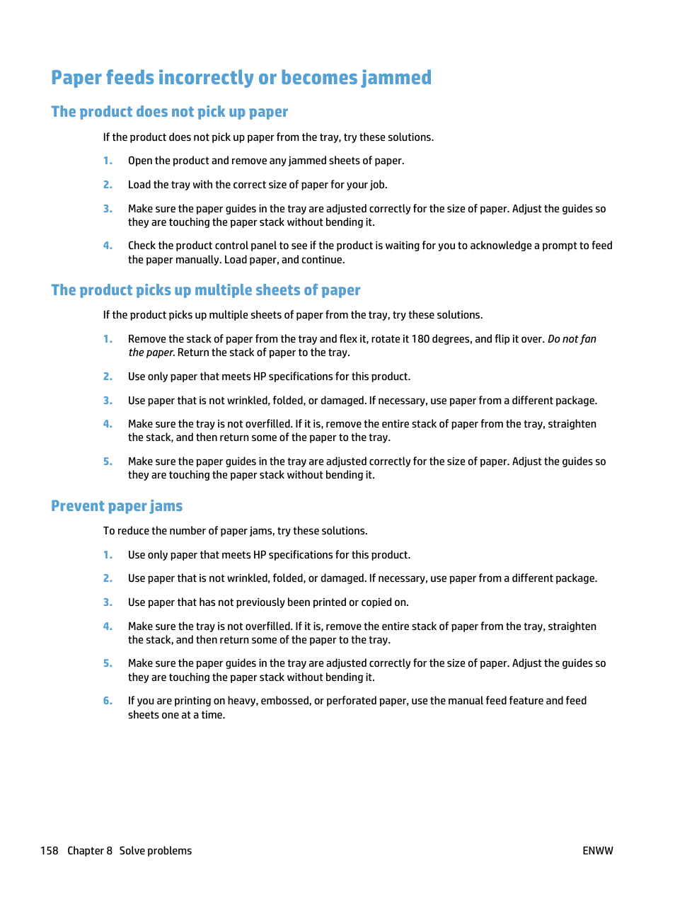 Paper feeds incorrectly or becomes jammed, The product does not pick up paper, The product picks up multiple sheets of paper | Prevent paper jams | HP LaserJet Pro 400 MFP M425 User Manual | Page 174 / 228