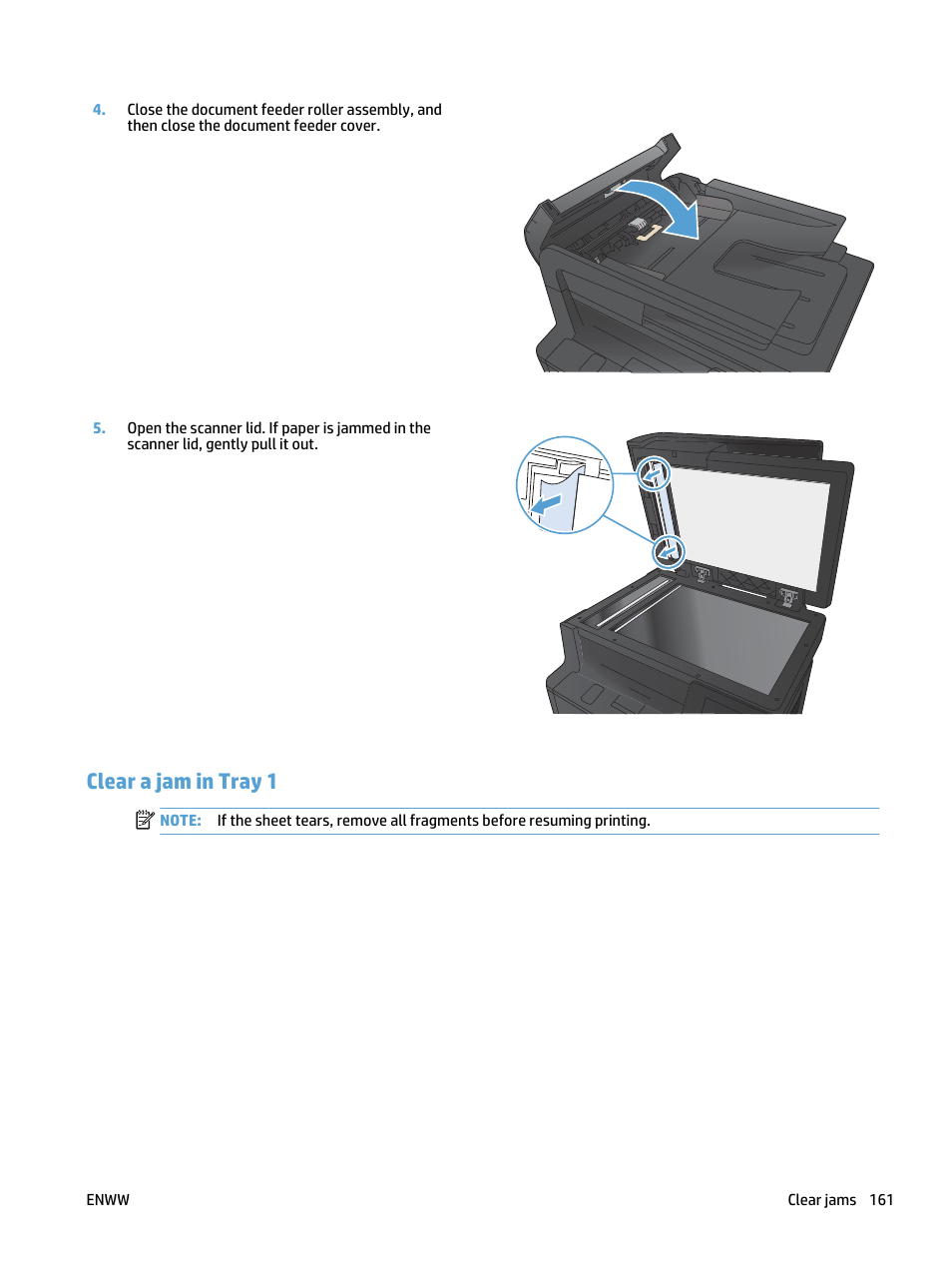 Clear a jam in tray 1 | HP LaserJet Pro 400 MFP M425 User Manual | Page 177 / 228