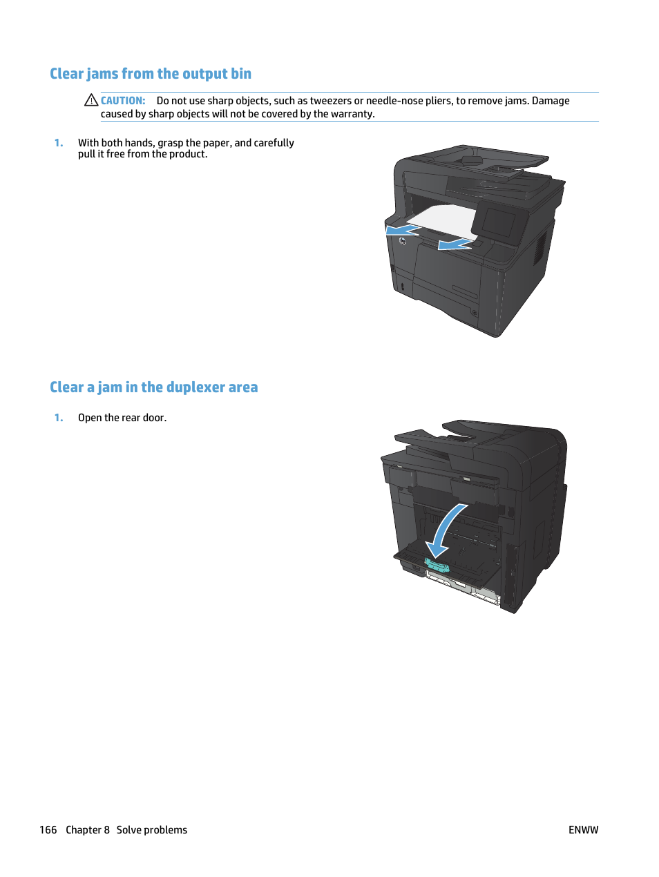 Clear jams from the output bin, Clear a jam in the duplexer area | HP LaserJet Pro 400 MFP M425 User Manual | Page 182 / 228