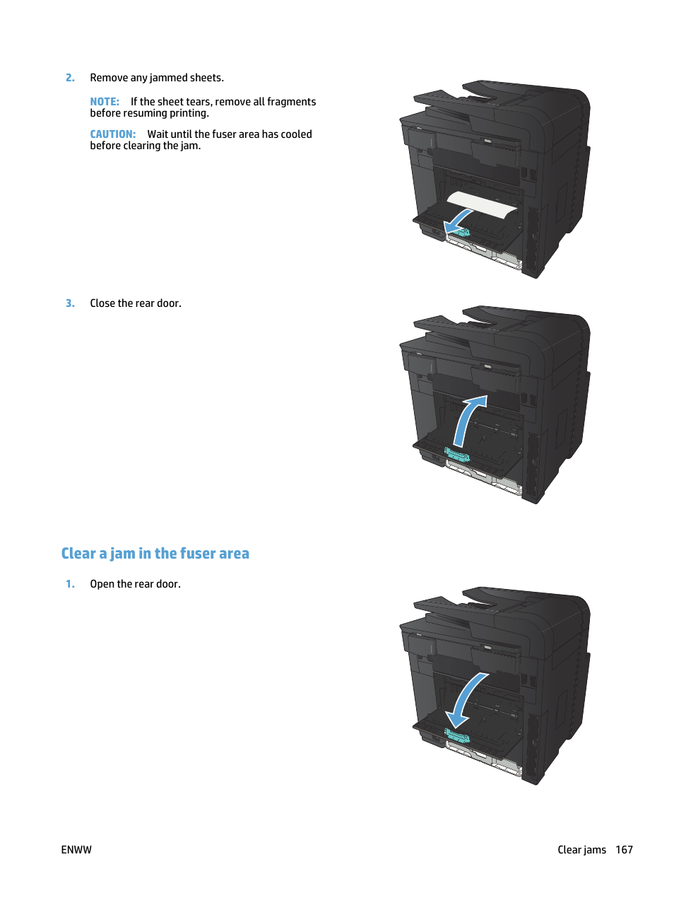 Clear a jam in the fuser area | HP LaserJet Pro 400 MFP M425 User Manual | Page 183 / 228