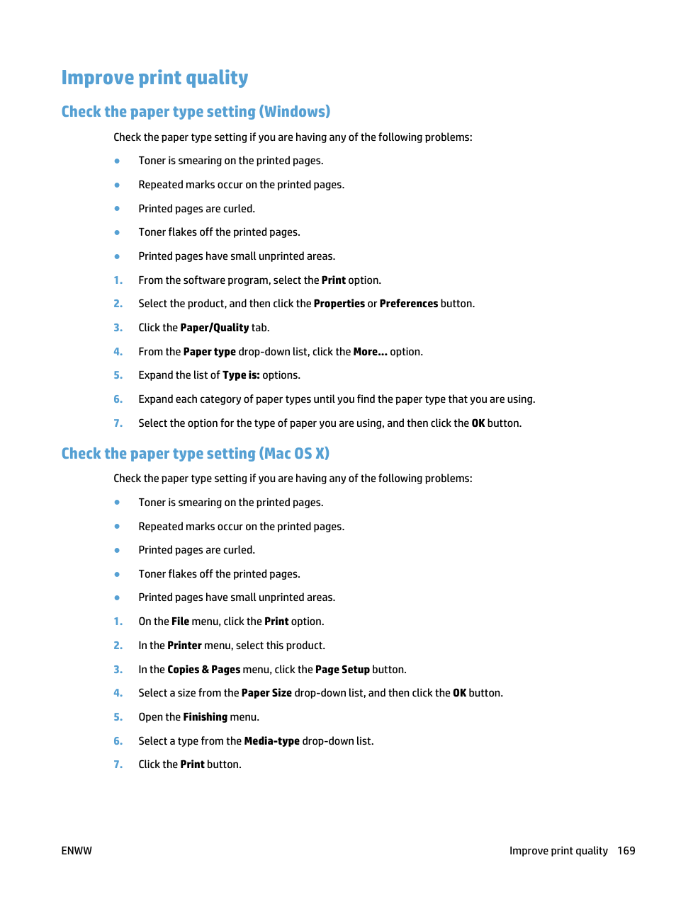 Improve print quality, Check the paper type setting (windows), Check the paper type setting (mac os x) | HP LaserJet Pro 400 MFP M425 User Manual | Page 185 / 228