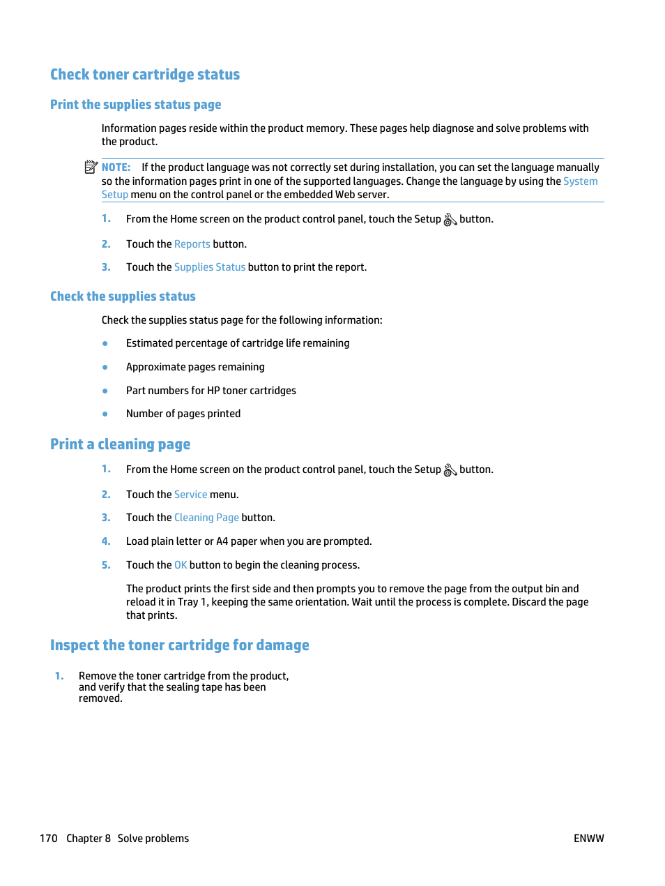 Check toner cartridge status, Check the supplies status, Inspect the toner cartridge for damage | Print a cleaning page | HP LaserJet Pro 400 MFP M425 User Manual | Page 186 / 228