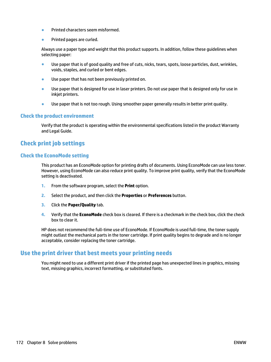 Check the product environment, Check print job settings, Check the economode setting | HP LaserJet Pro 400 MFP M425 User Manual | Page 188 / 228