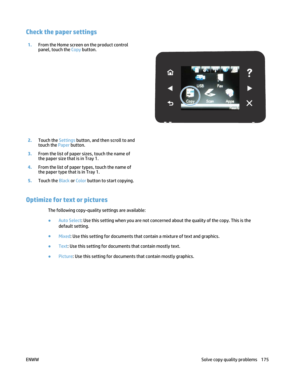 Check the paper settings, Optimize for text or pictures | HP LaserJet Pro 400 MFP M425 User Manual | Page 191 / 228