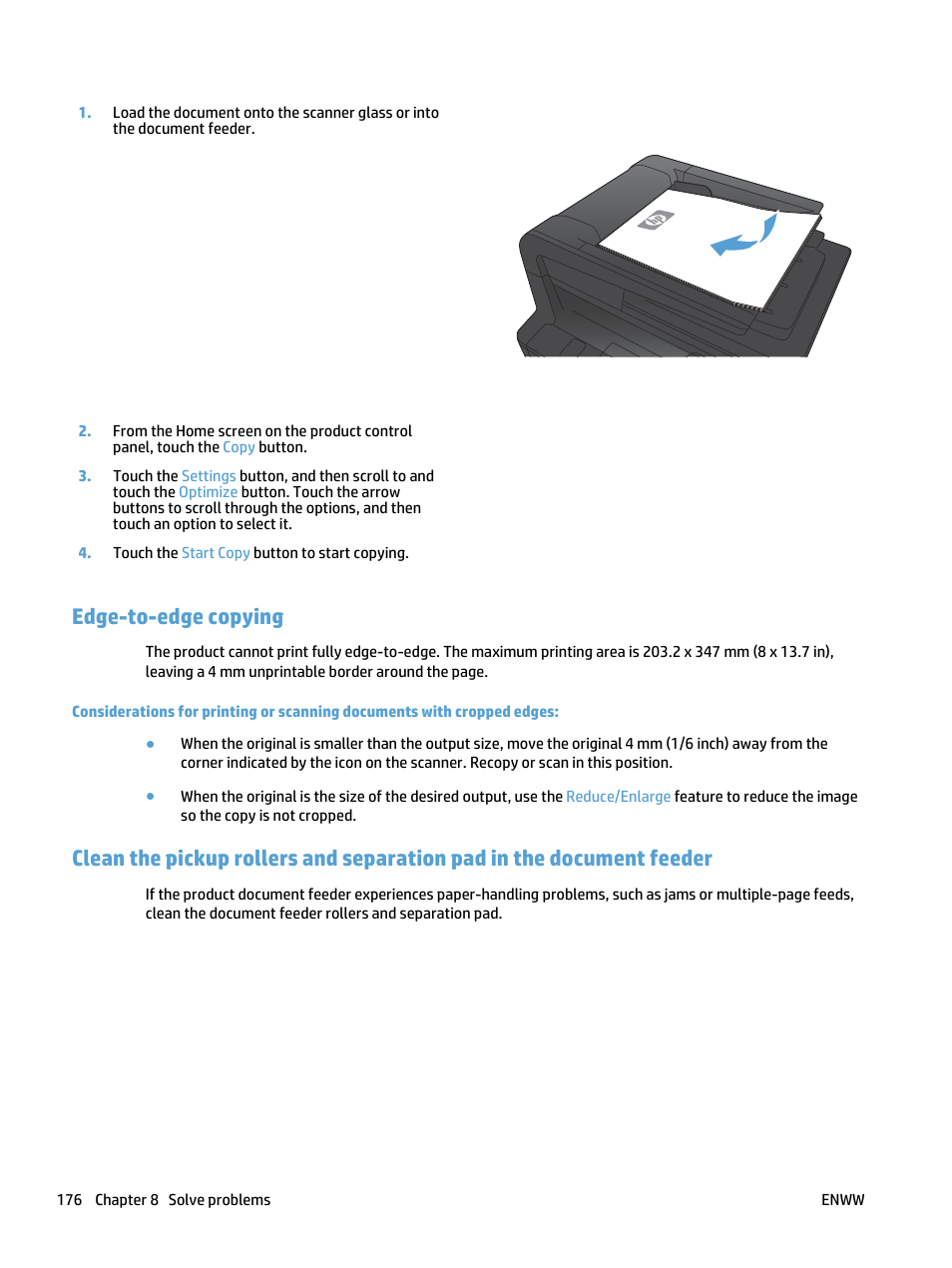 Edge-to-edge copying | HP LaserJet Pro 400 MFP M425 User Manual | Page 192 / 228