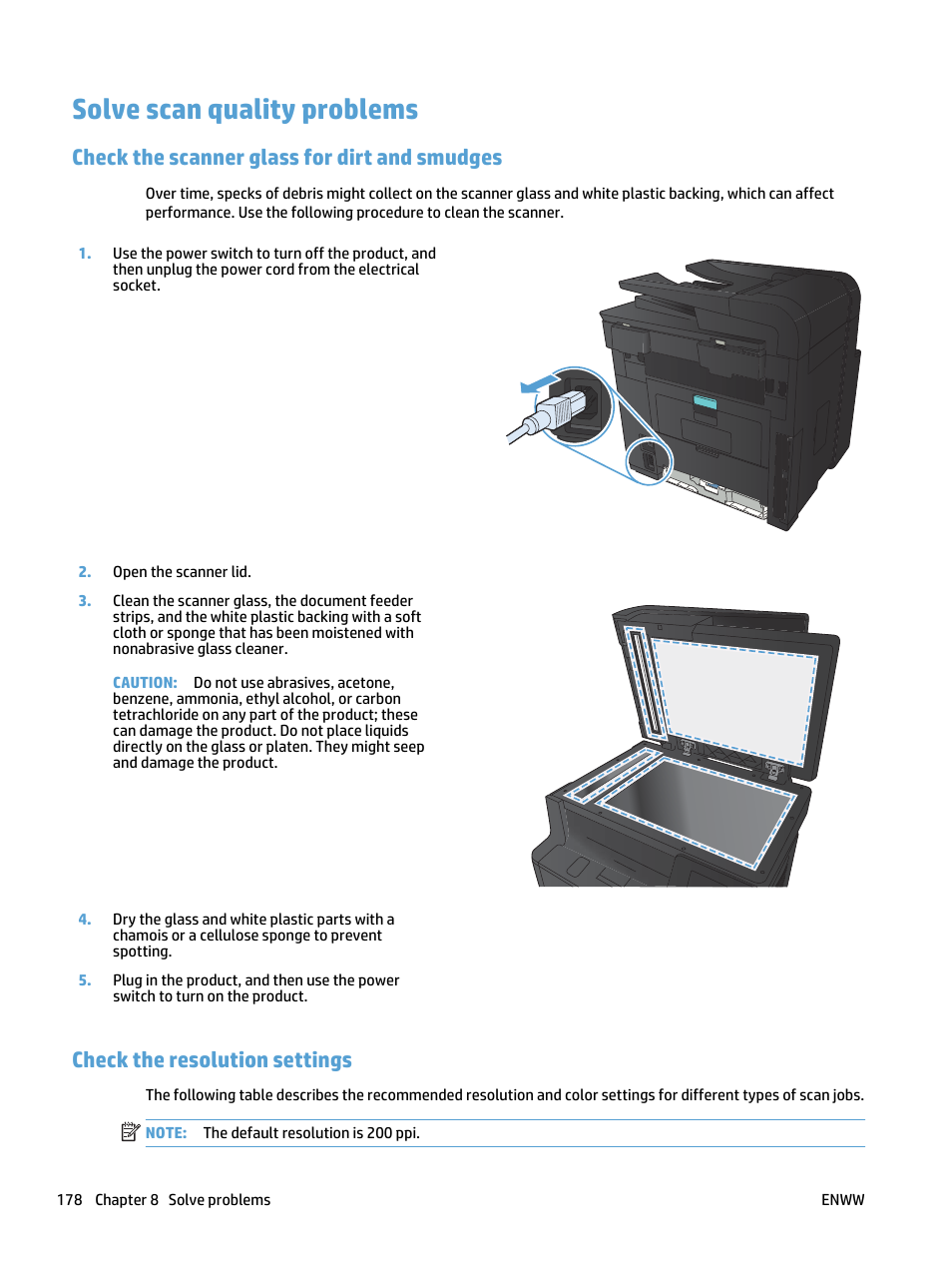 Solve scan quality problems, Check the scanner glass for dirt and smudges, Check the resolution settings | HP LaserJet Pro 400 MFP M425 User Manual | Page 194 / 228