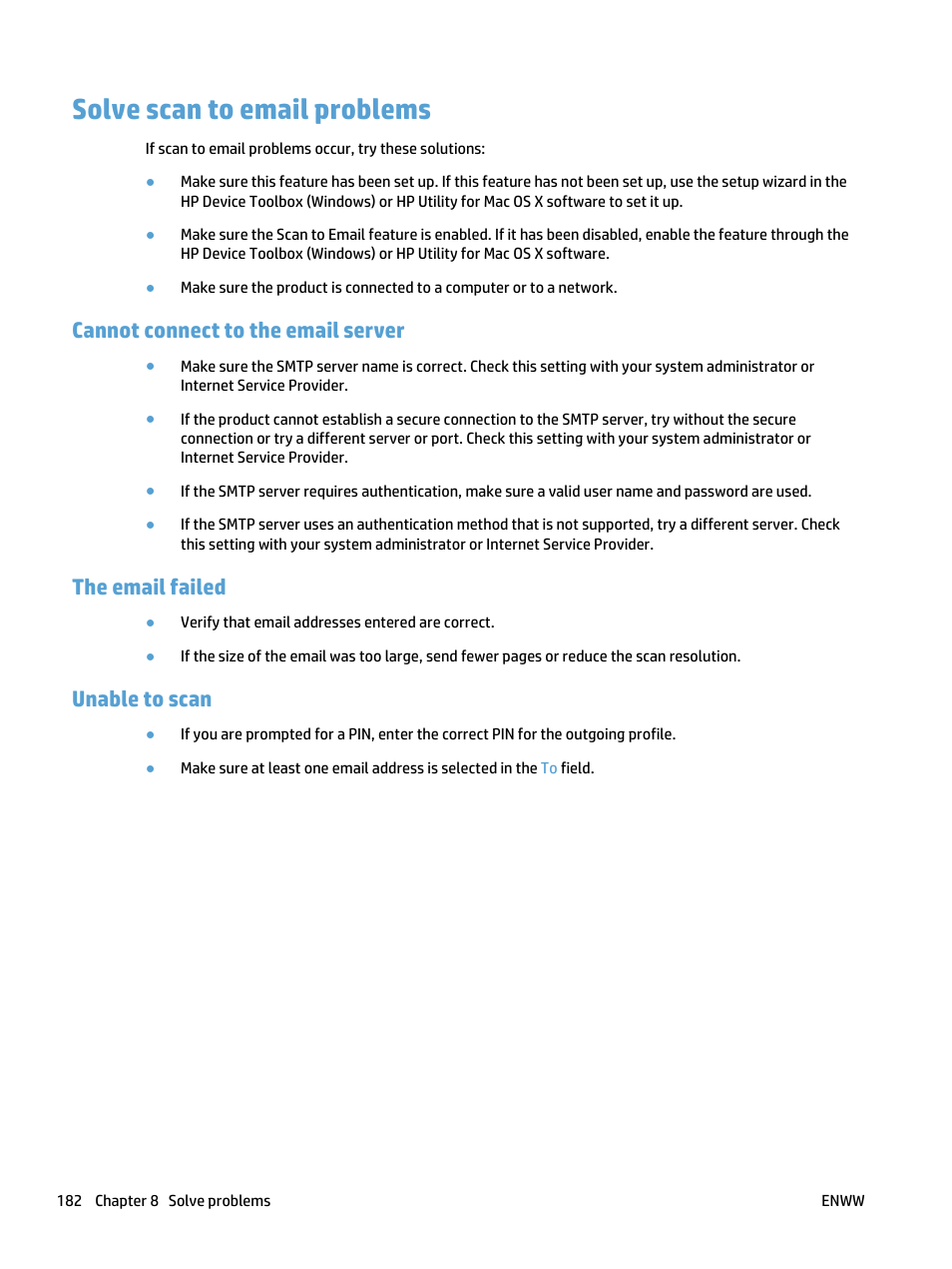 Solve scan to email problems, Cannot connect to the email server, The email failed | Unable to scan | HP LaserJet Pro 400 MFP M425 User Manual | Page 198 / 228