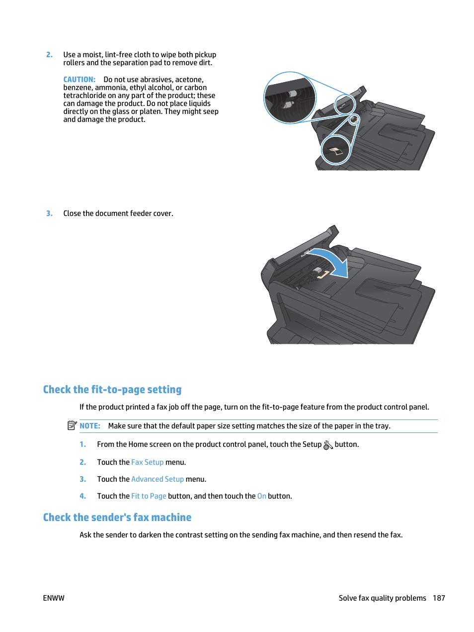 Check the sender's fax machine, Check the fit-to-page setting | HP LaserJet Pro 400 MFP M425 User Manual | Page 203 / 228