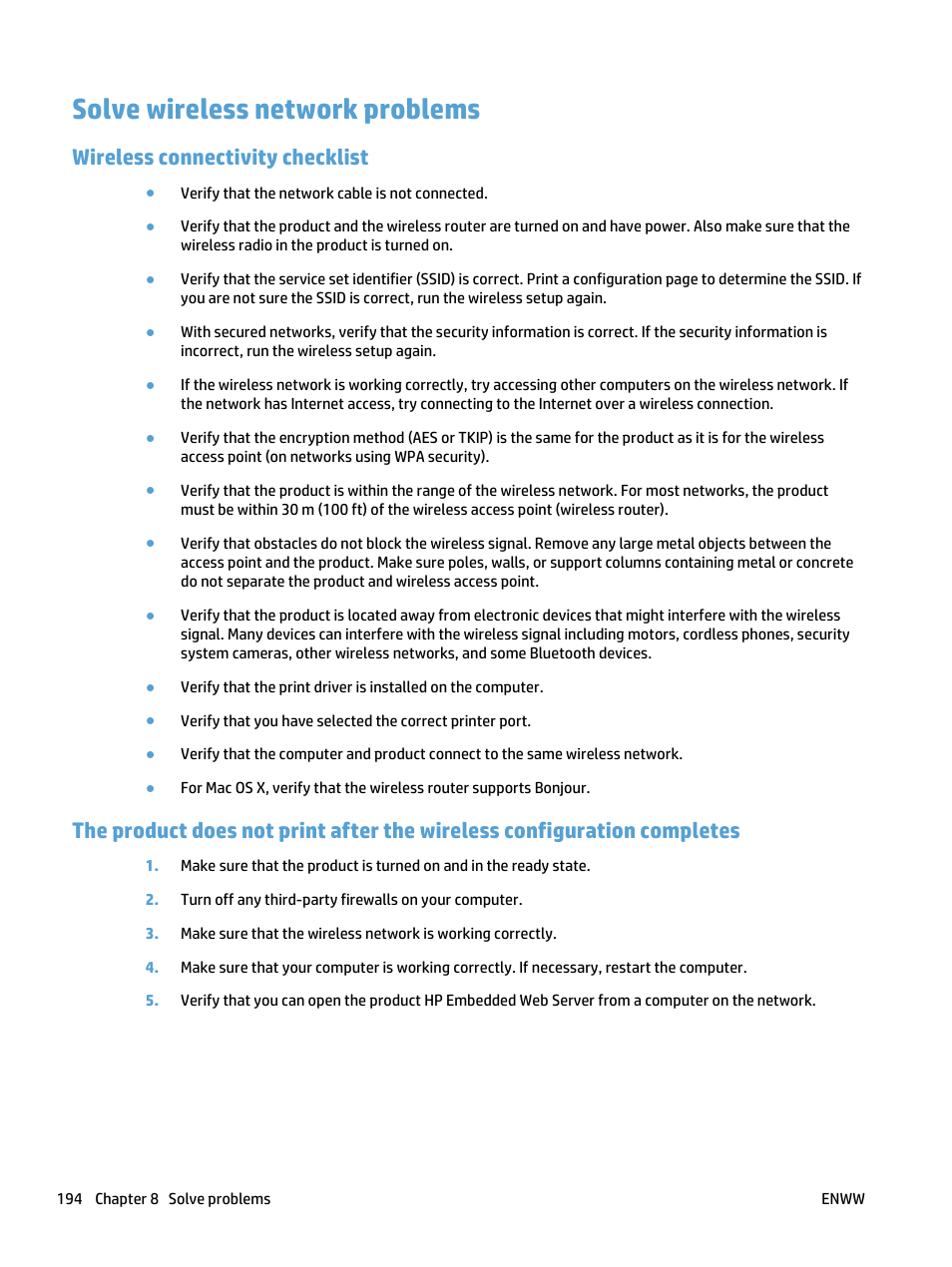 Solve wireless network problems, Wireless connectivity checklist | HP LaserJet Pro 400 MFP M425 User Manual | Page 210 / 228