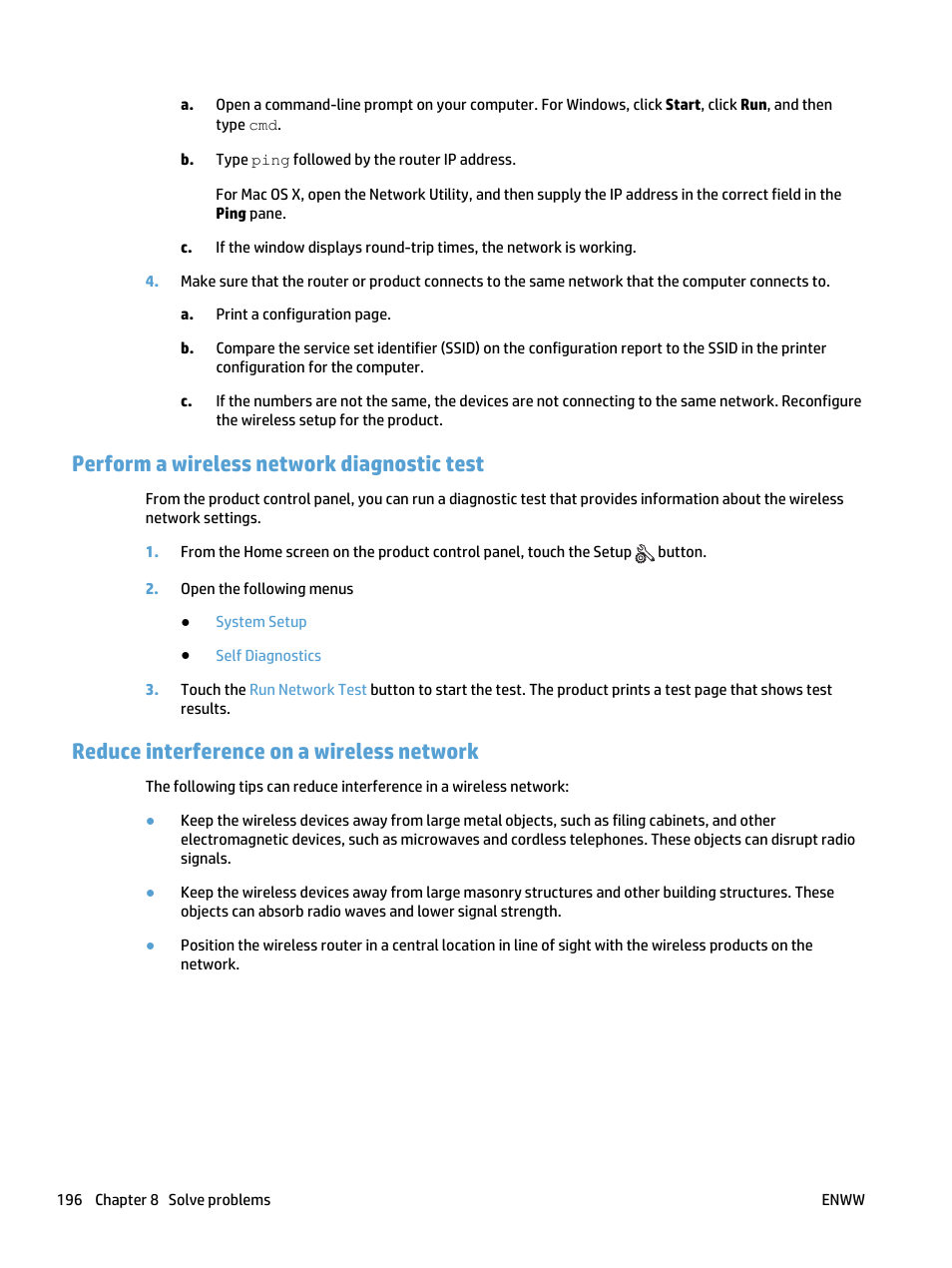 Perform a wireless network diagnostic test, Reduce interference on a wireless network | HP LaserJet Pro 400 MFP M425 User Manual | Page 212 / 228