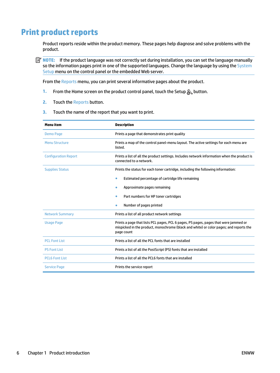 Print product reports | HP LaserJet Pro 400 MFP M425 User Manual | Page 22 / 228