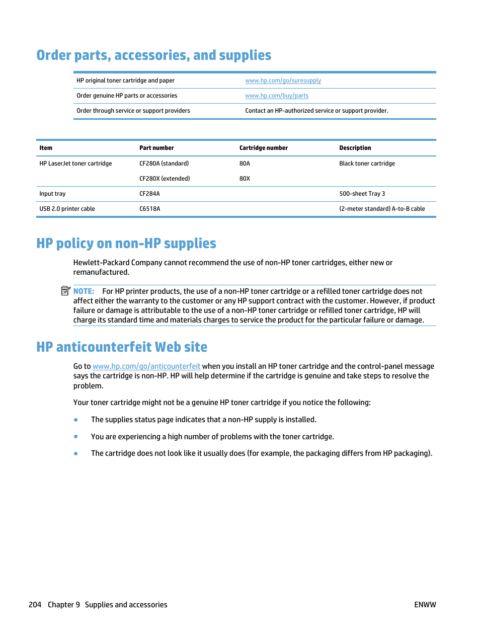 Order parts, accessories, and supplies, Hp policy on non-hp supplies, Hp anticounterfeit web site | HP LaserJet Pro 400 MFP M425 User Manual | Page 220 / 228