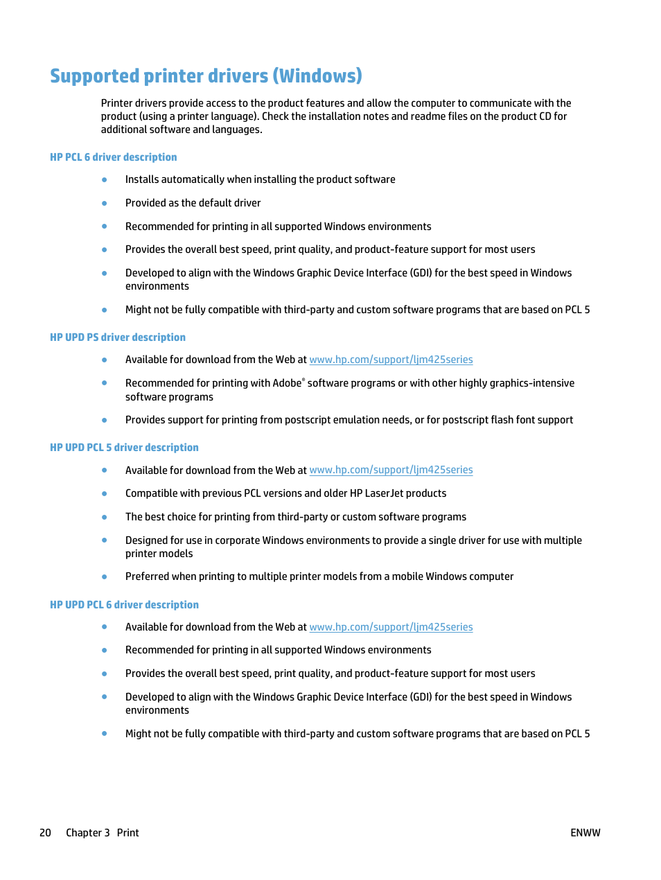 Supported printer drivers (windows) | HP LaserJet Pro 400 MFP M425 User Manual | Page 36 / 228