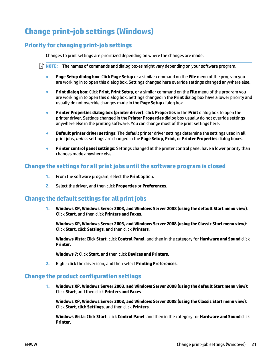 Change print-job settings (windows), Priority for changing print-job settings, Change the default settings for all print jobs | Change the product configuration settings | HP LaserJet Pro 400 MFP M425 User Manual | Page 37 / 228