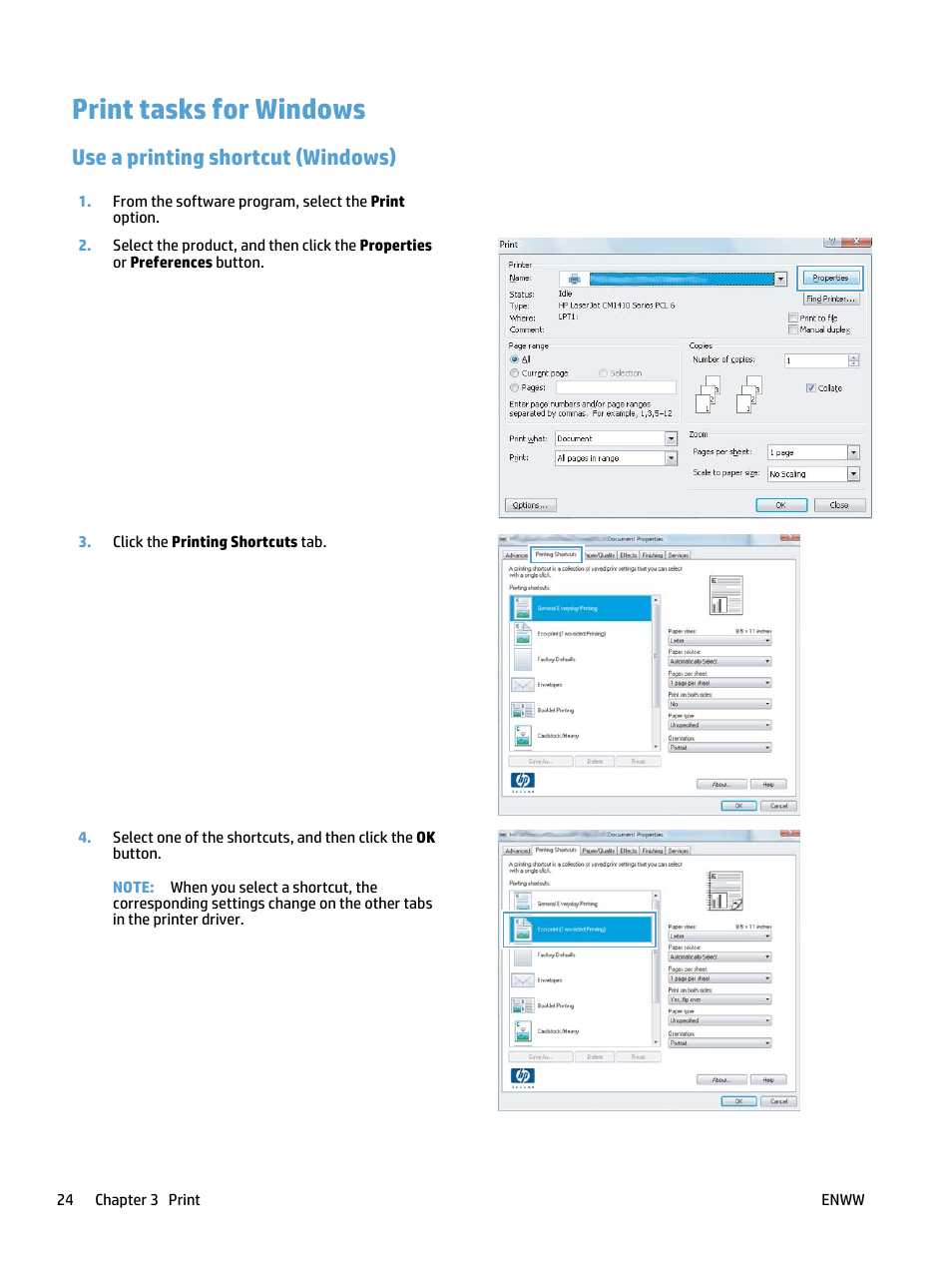 Print tasks for windows, Use a printing shortcut (windows) | HP LaserJet Pro 400 MFP M425 User Manual | Page 40 / 228