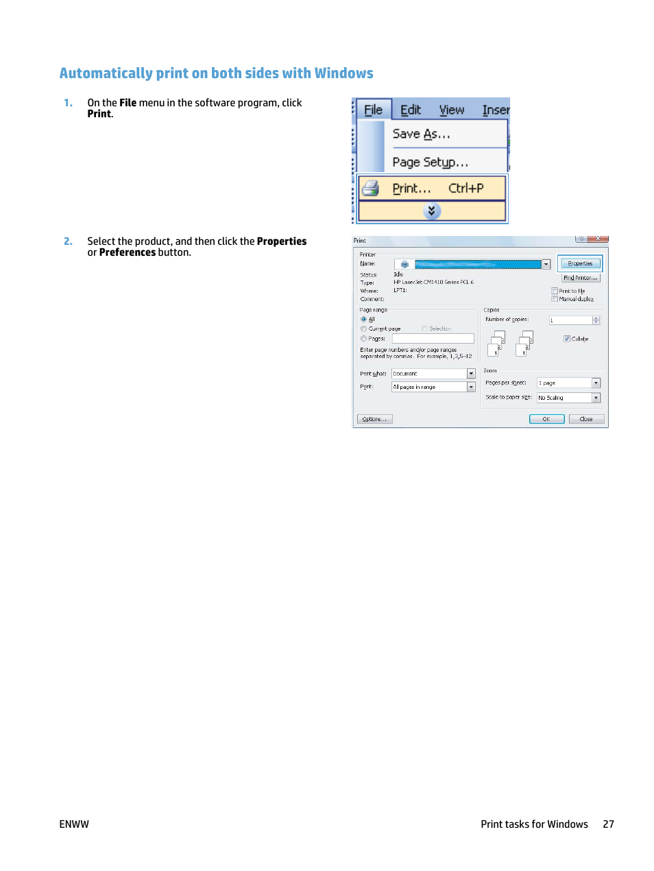 Automatically print on both sides with windows | HP LaserJet Pro 400 MFP M425 User Manual | Page 43 / 228