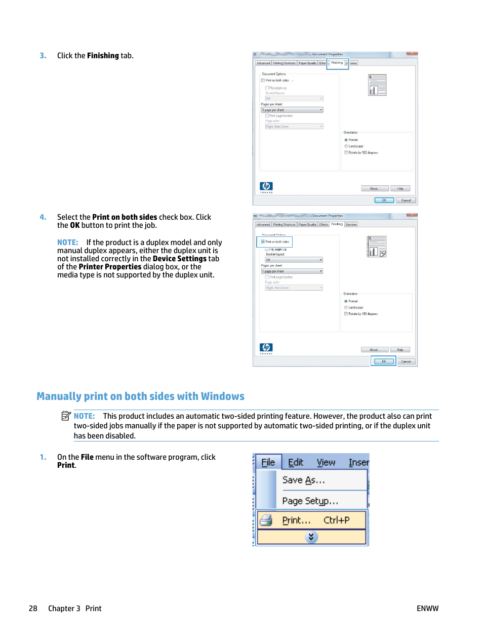 Manually print on both sides with windows | HP LaserJet Pro 400 MFP M425 User Manual | Page 44 / 228