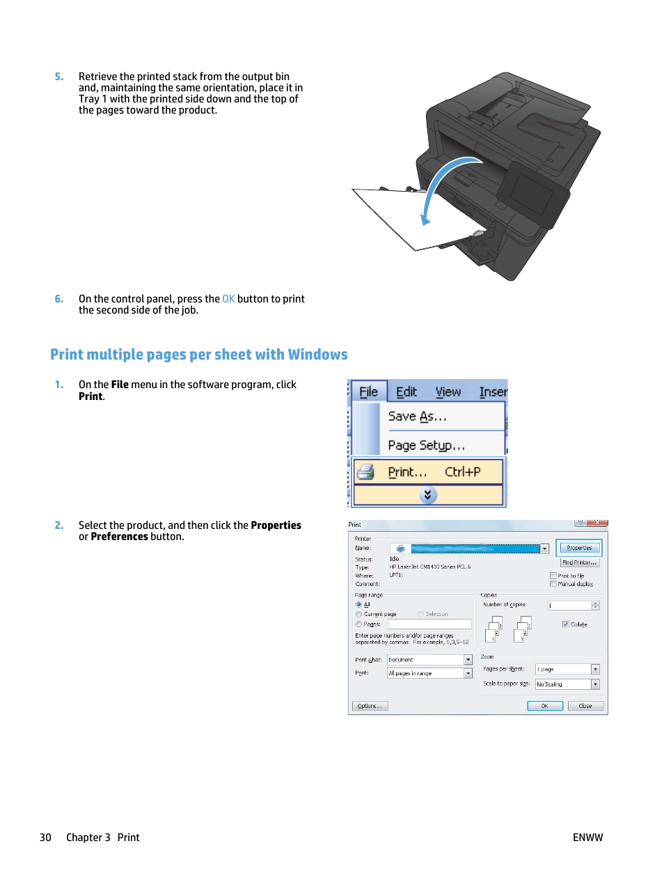 Print multiple pages per sheet with windows | HP LaserJet Pro 400 MFP M425 User Manual | Page 46 / 228