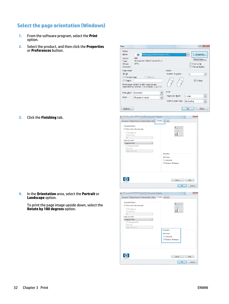 Select the page orientation (windows) | HP LaserJet Pro 400 MFP M425 User Manual | Page 48 / 228