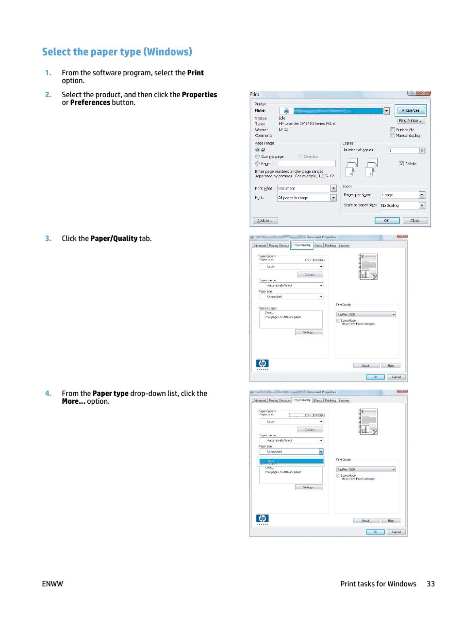 Select the paper type (windows) | HP LaserJet Pro 400 MFP M425 User Manual | Page 49 / 228