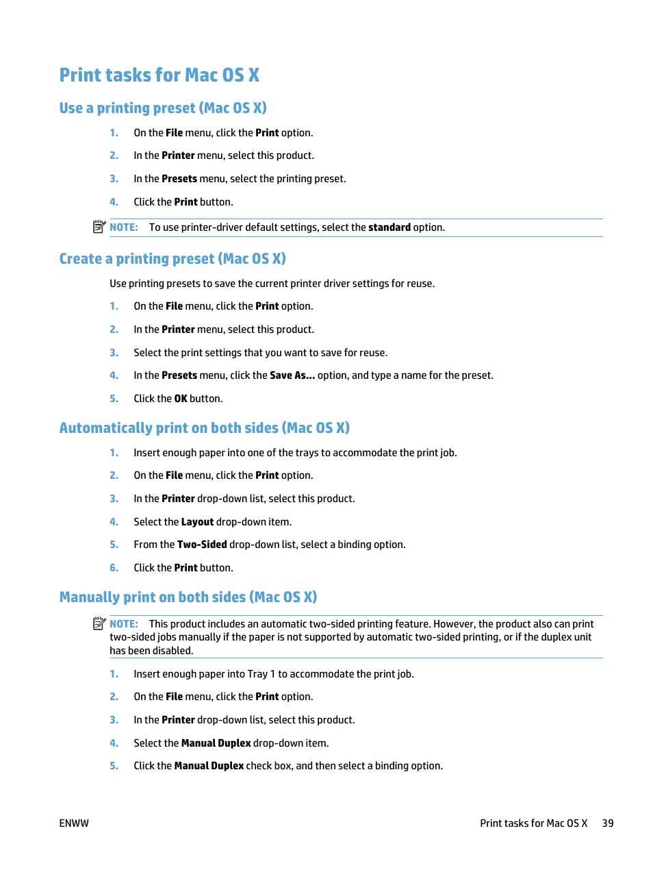 Print tasks for mac os x, Use a printing preset (mac os x), Create a printing preset (mac os x) | Automatically print on both sides (mac os x), Manually print on both sides (mac os x) | HP LaserJet Pro 400 MFP M425 User Manual | Page 55 / 228