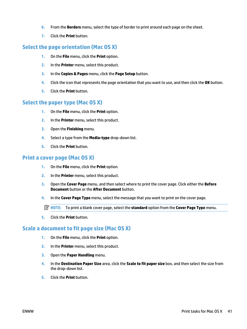 Select the paper type (mac os x), Select the page orientation (mac os x), Print a cover page (mac os x) | Scale a document to fit page size (mac os x) | HP LaserJet Pro 400 MFP M425 User Manual | Page 57 / 228
