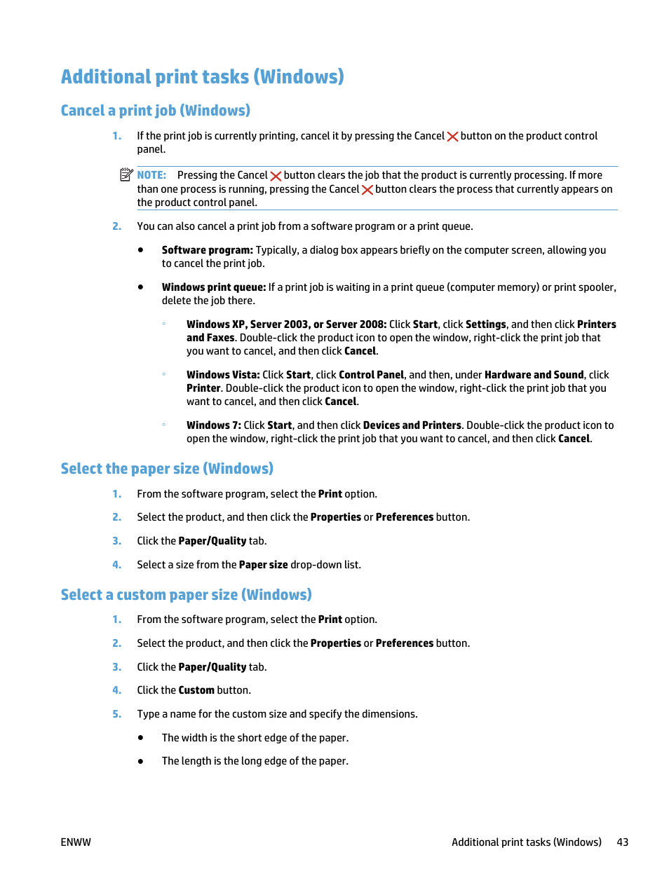 Additional print tasks (windows), Cancel a print job (windows), Select the paper size (windows) | Select a custom paper size (windows) | HP LaserJet Pro 400 MFP M425 User Manual | Page 59 / 228