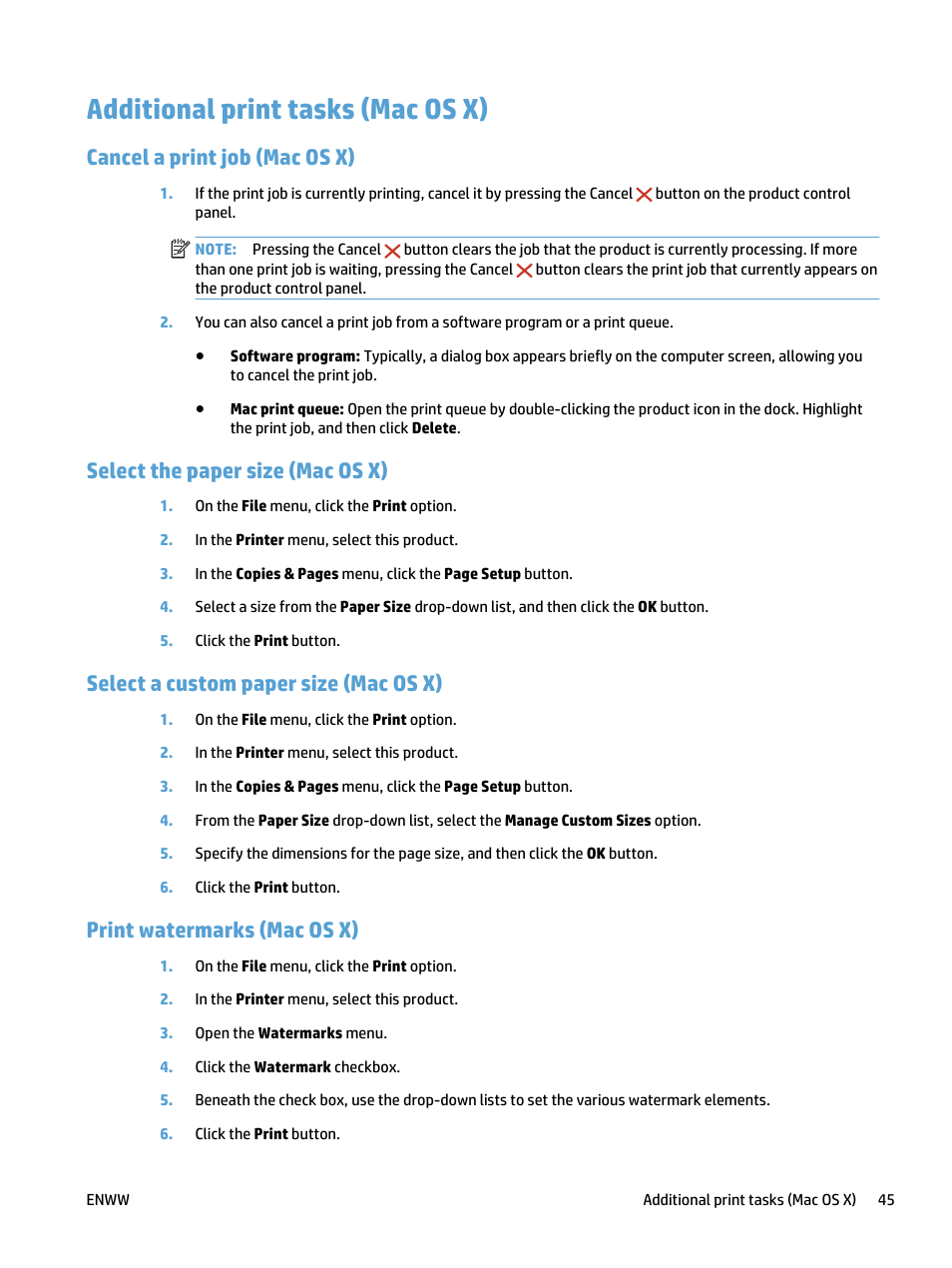 Additional print tasks (mac os x), Cancel a print job (mac os x), Select the paper size (mac os x) | Select a custom paper size (mac os x), Print watermarks (mac os x) | HP LaserJet Pro 400 MFP M425 User Manual | Page 61 / 228