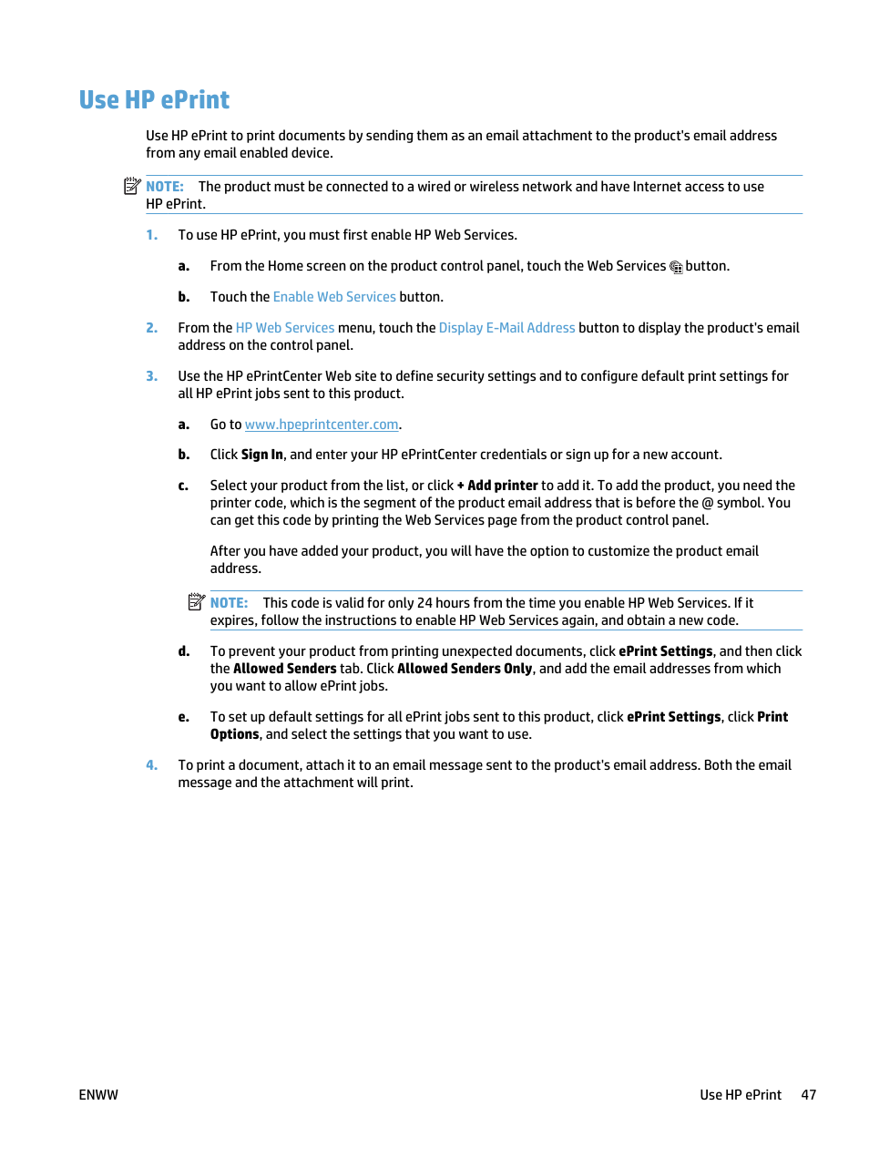 Use hp eprint | HP LaserJet Pro 400 MFP M425 User Manual | Page 63 / 228