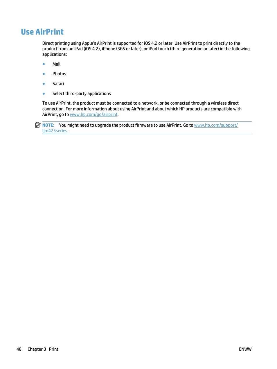 Use airprint | HP LaserJet Pro 400 MFP M425 User Manual | Page 64 / 228
