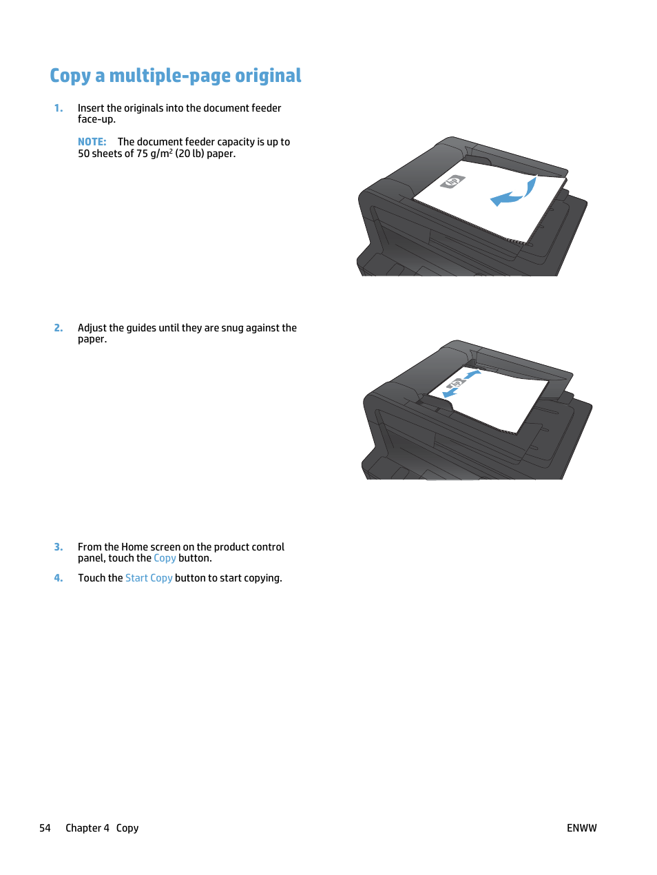 Copy a multiple-page original | HP LaserJet Pro 400 MFP M425 User Manual | Page 70 / 228