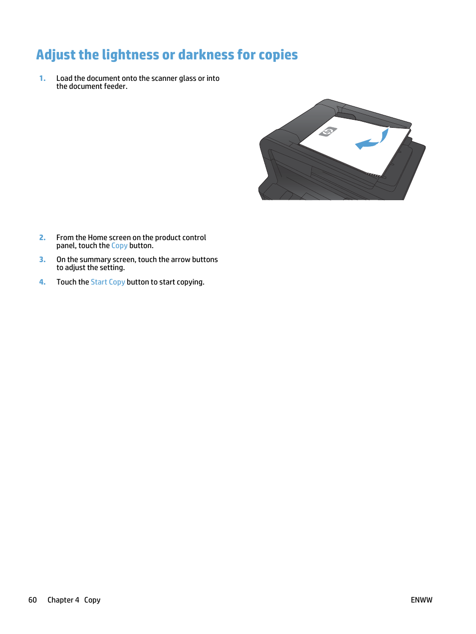 Adjust the lightness or darkness for copies | HP LaserJet Pro 400 MFP M425 User Manual | Page 76 / 228