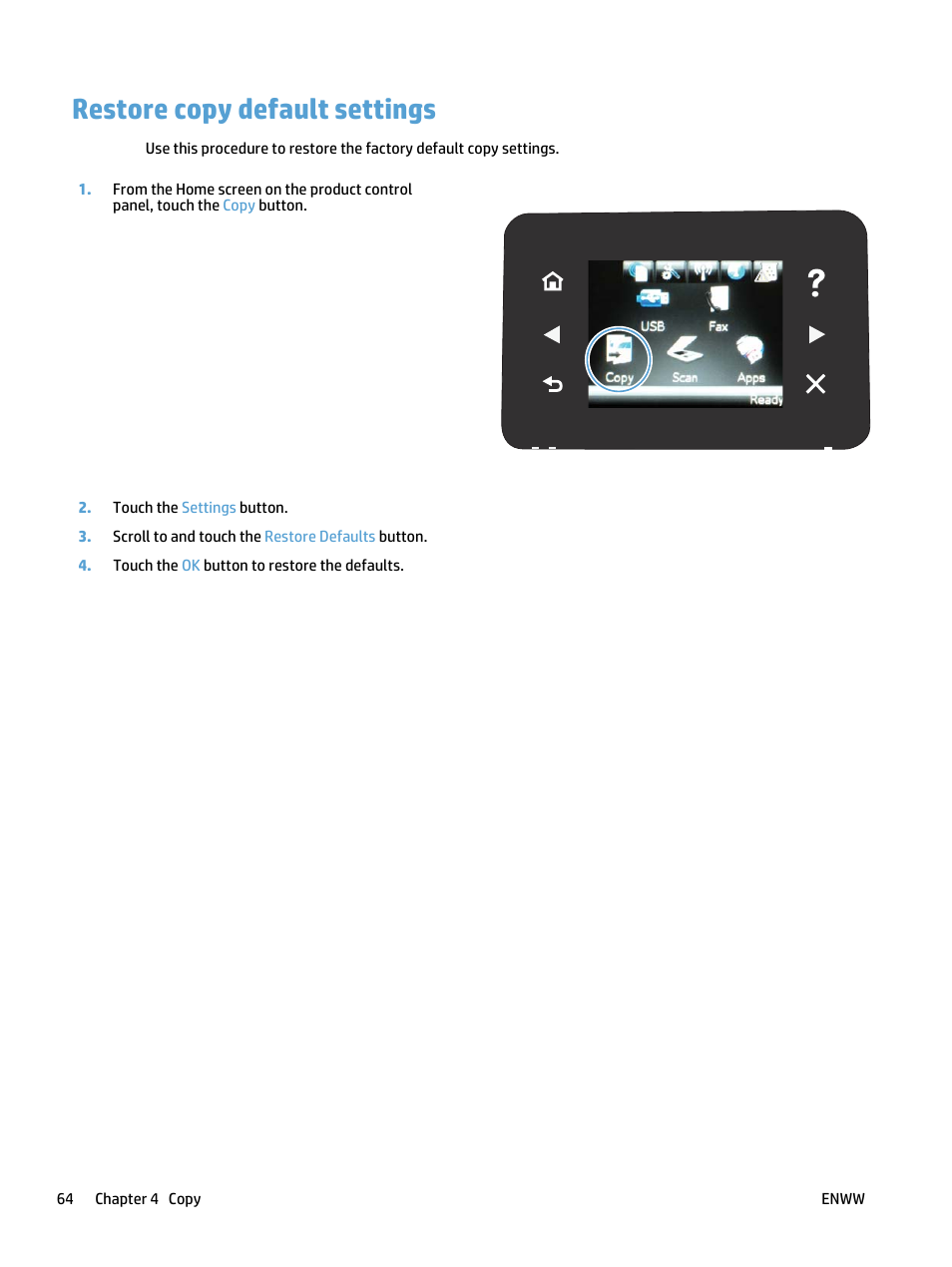 Restore copy default settings | HP LaserJet Pro 400 MFP M425 User Manual | Page 80 / 228