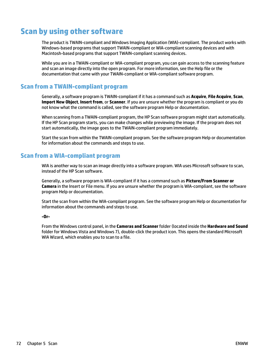 Scan by using other software, Scan from a twain-compliant program, Scan from a wia-compliant program | HP LaserJet Pro 400 MFP M425 User Manual | Page 88 / 228