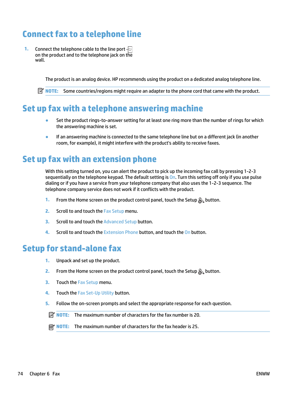 Connect fax to a telephone line, Set up fax with a telephone answering machine, Set up fax with an extension phone | Setup for stand-alone fax | HP LaserJet Pro 400 MFP M425 User Manual | Page 90 / 228