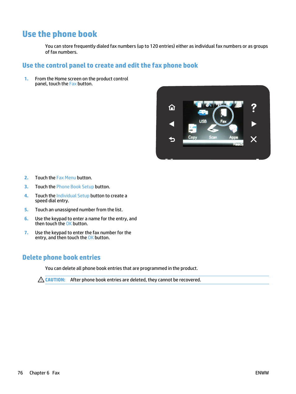 Use the phone book, Delete phone book entries | HP LaserJet Pro 400 MFP M425 User Manual | Page 92 / 228
