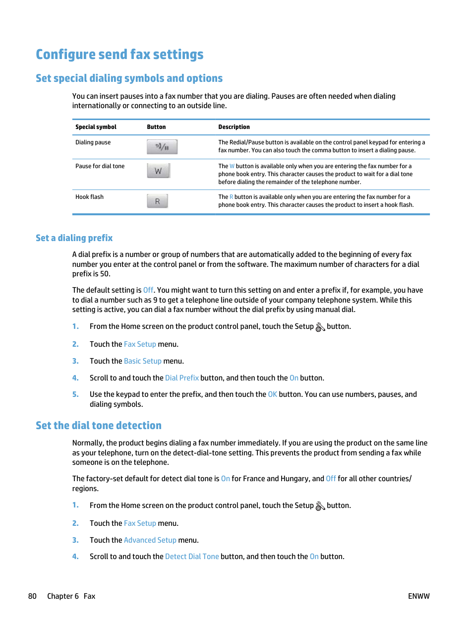 Configure send fax settings, Set special dialing symbols and options, Set a dialing prefix | Set the dial tone detection | HP LaserJet Pro 400 MFP M425 User Manual | Page 96 / 228