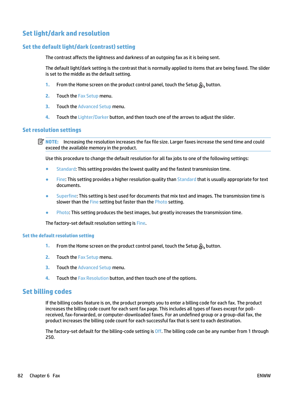 Set light/dark and resolution, Set the default light/dark (contrast) setting, Set resolution settings | Set billing codes | HP LaserJet Pro 400 MFP M425 User Manual | Page 98 / 228