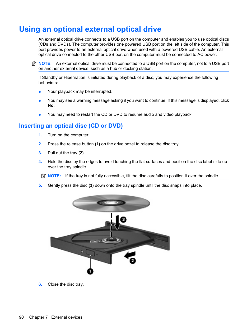 Using an optional external optical drive, Inserting an optical disc (cd or dvd) | HP EliteBook 2540p Notebook PC User Manual | Page 102 / 173