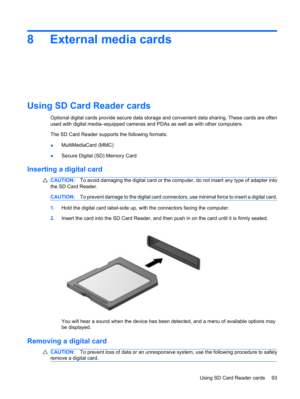 External media cards, Using sd card reader cards, Inserting a digital card | Removing a digital card, 8 external media cards, Inserting a digital card removing a digital card, 8external media cards | HP EliteBook 2540p Notebook PC User Manual | Page 105 / 173